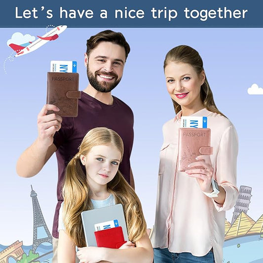 Passport Holder and Card Slot Combo RFID Blocking Leather Family Travel Passport Wallet Travel Accessories for Men Women US Passport Cover Protector (Travel blue)