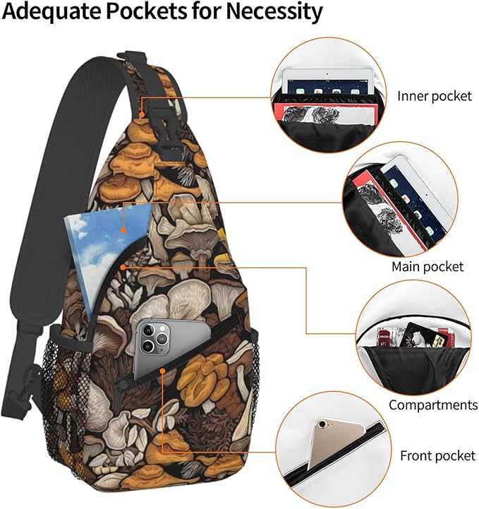 Botanical Mushroom Sling Backpack Crossbody Bag Casual Chest Bags Travel Hiking Daypack Shoulder Bag for Women Men