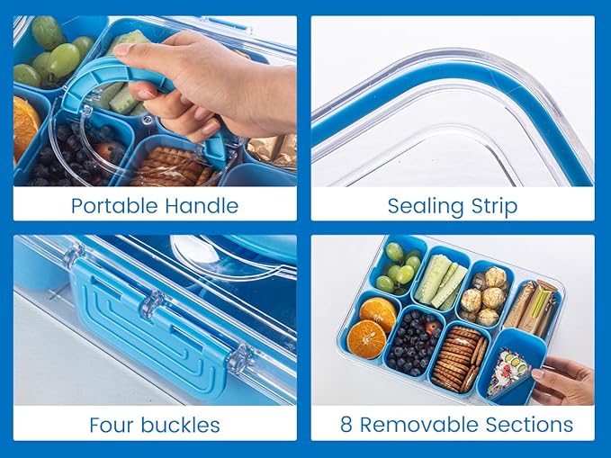 Divided Serving Tray with Lid and Handle - Snackle Box Charcuterie Container for Portable Snack Platters Organizer for Candy, Fruits, Nuts, Snacks - Perfect for Party, Entertaining, Cerulean