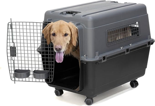 SportPet Airline Approved Wire Door Travel Dog Crate, Durable Plastic Pet Travel Kennel with Removable Wheels,Collapsible, Food Bowls & Accessories, Fits Dogs up to 29" L & 20" H - Large - Gray/Black