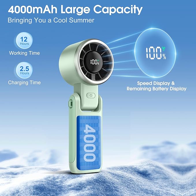 WHATOOK Portable Handheld Turbo Fan: Mini Fans with 5 Gear Wind, 4000mAh Battery Operated Rechargeable, Up to 12 Working Hours, 3 IN 1 Hand Fans for Outdoor, Travel, Working, Shopping (Green)