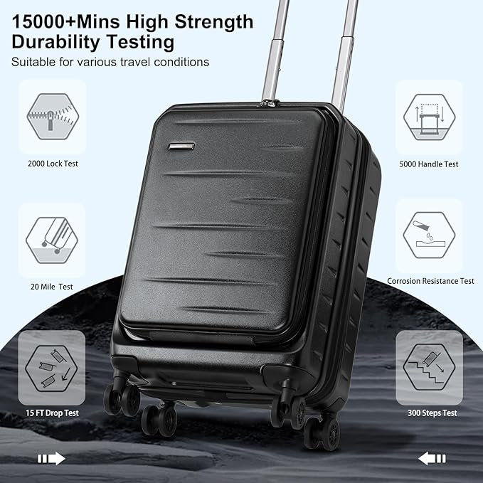 Expandable Carry On Luggage Airline Approved, 20 Inch Lightweight ABS+PC Hard Shell Suitcases with Front Pocket, Spinner Wheels, TSA Lock (Black, 1PC)