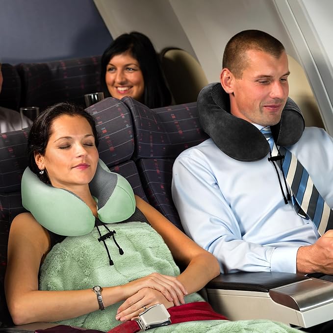 Travel Pillow and Blanket Set Neck Pillows Soft Blankets with Sleep Mask Travel Essentials for Airplane Car Memory Foam Sage Green