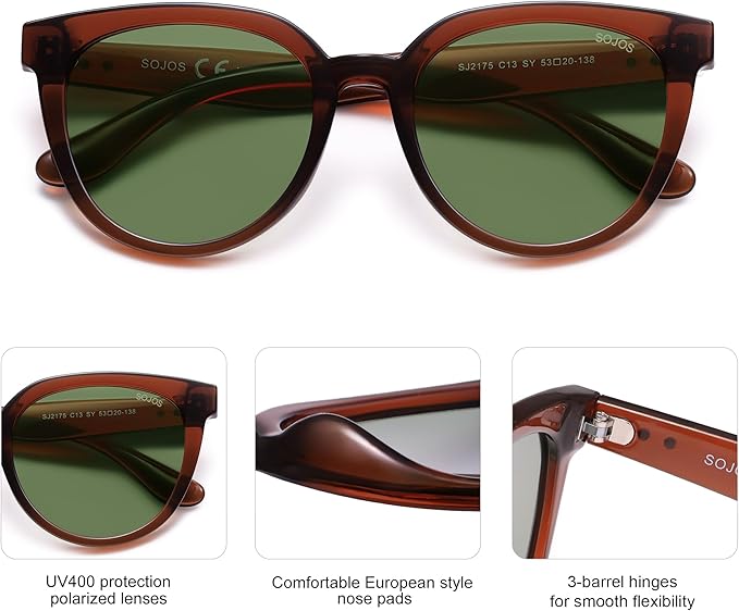 SOJOS Trendy Cat Eye Round Polarized Sunglasses for Women Fashion UV Protection Sunnies Sunglasses SJ2175