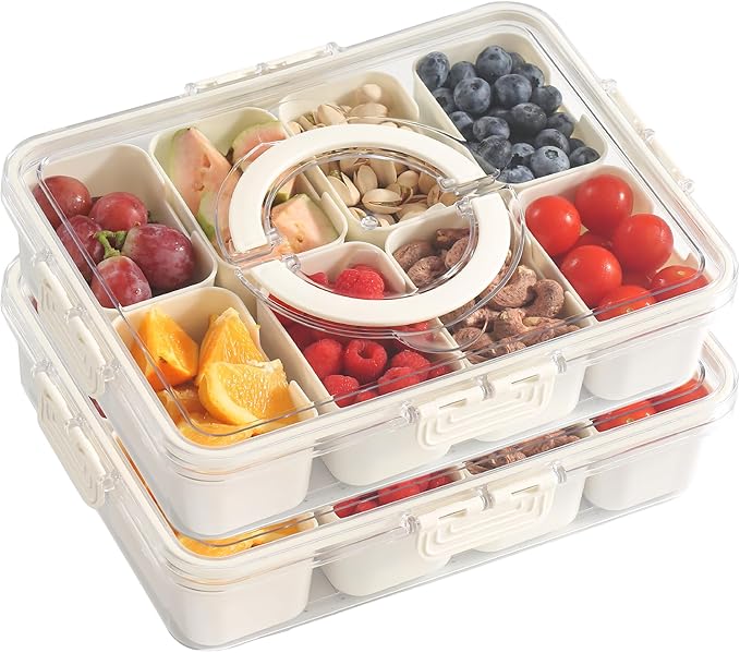 Snackle Box Container with Lid and Handle, Upgraded BPA-Free PP, Portable Divided Snack Tray for Travel, Picnic, Party, Camping, Beach, and Road Trips Large Size 11.8"x8.8" Clear and White