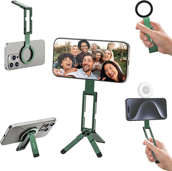 ULANZI MA60 Magnetic Phone Tripod Stand for iPhone - Aluminium Smartphone Mini Tripod Pocket Cell Phone Stand Strong Magnet Quick Mount Compatible with iPhone 16 15 14 13 13 Series, Green