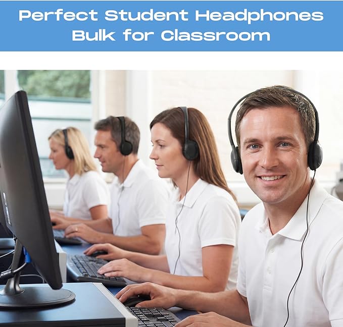 Yunsailing 10 Pack Bulk Over Ear Headphones Set On Ear Headsets Earphones with Adjustable Headband and 3.5mm Plug for Group Learning, Computer Lab, Library, Online Lesson (Black)