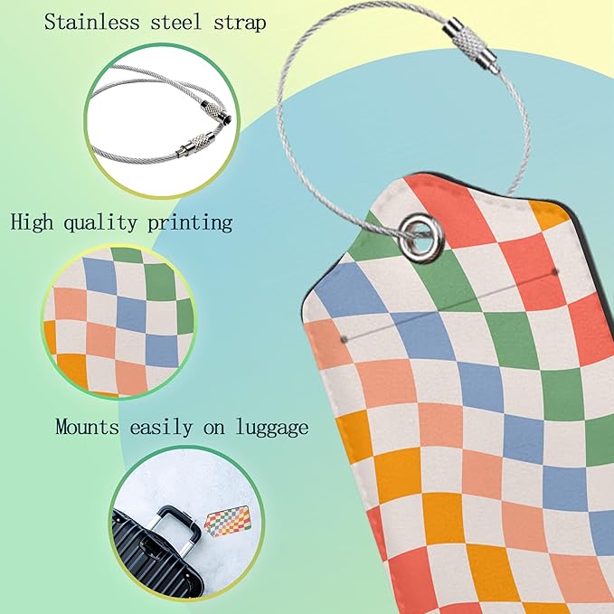 Checkered Luggage Tag,Colorful Retro Wavy Luggage Tags of Set 2 Leather Identifiers Privacy Cover with Stainless Steel Loop for Women Men Travel Bag Suitcase