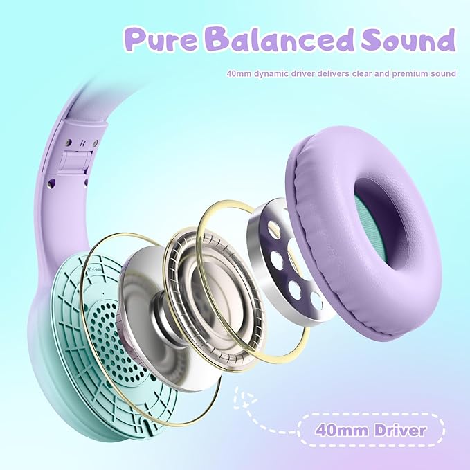 USB Type C Kids Headphones, Wired Headphones for Kids with Microphone 85/94dB Volume Limit, Stereo Sound Portable Over Ear Headphones for School/Travel/Tablet/iPad, Green Violet