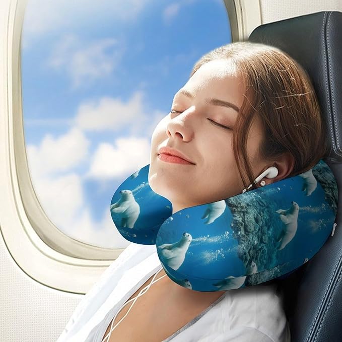 Youth Travel Neck Pillow Soft Memory Foam Chin Support Polar Bears, Washable Cover for Boys Girls Airplane Car School Rest