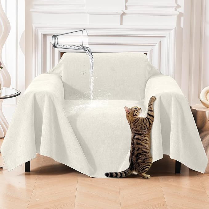 Deep Dream Cat-Scratch Resistant Armchair Couch Cover, Waterproof Sofa Cover for Dogs, Pet Friendly Couch Protectors Anti Slip Thickened Slipcovers for Dogs Pets, 71" x 91", Beige