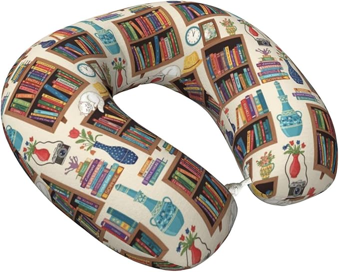 Travel Pillow Chin Neck Support, Comfortable Airplane Car Pillows for Rest, Memory Foam U Shaped Office Home Nap Sleeping Cushion Sleeping Cat Bookshelf Library