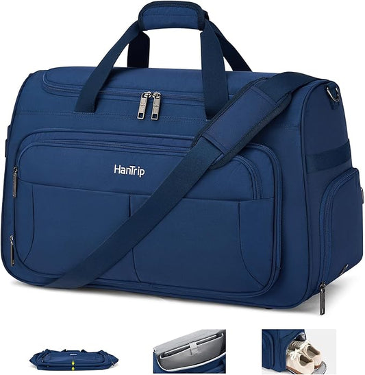 HanTrip Carry on Duffel Bag Foldable Duffle Bags for Travel, Large Personal Item Bags for Airplanes, Weekender Overnight Mens Travel Tote Bag for Women Softside Carry on Luggage (Blue)