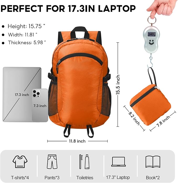 Small Hiking Backpack 15L Travel Lightweight Hiking Packable Daypack Water-Resistant Foldable Backpacks for Women Men Camping (Orange)