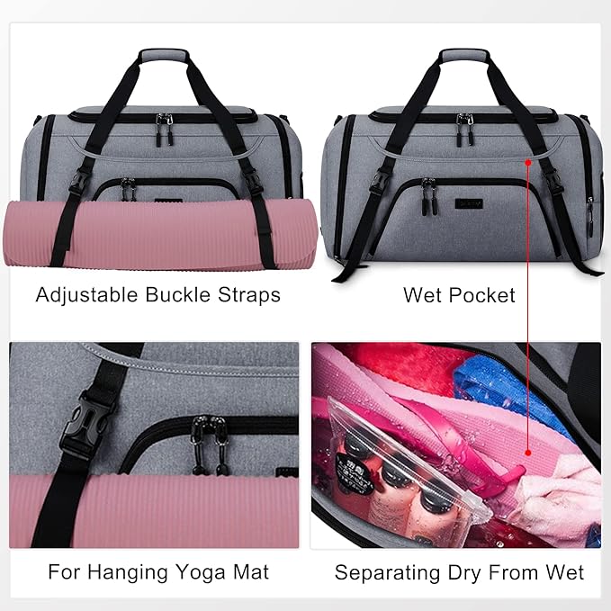 Gym Duffle Bag for Women Men 40L Waterproof Sports Bags Travel Duffel Bags with Shoe Compartment,Wet Pocket Large Weekender Overnight Bag with Toiletry Bag,Grey