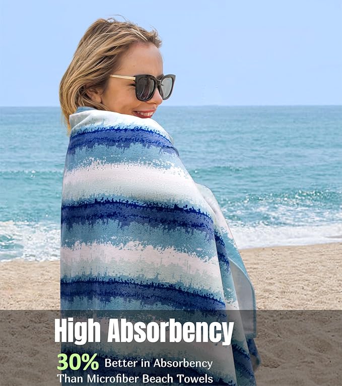 cabanana Large Beach Towel Oversized - Cotton Velour 35 x 70 Inch Coast Waves Camo Striped Terry Pool Towel, Cabana Soft Swimming Towel for Adults Women Men (Teal Blue)