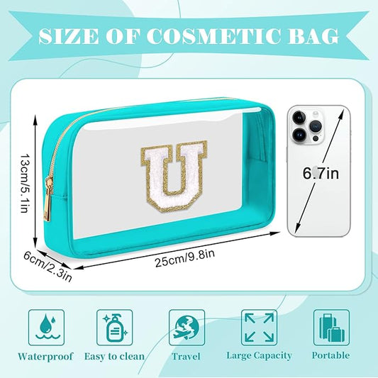 Personalized Initial Letter Clear Makeup Bag,Preppy Small Nylon&PVC Cosmetic Zipper Bag with Chenille Letter,Portable Beach Travel Skincare Toiletry Bag,Trendy Monogram Gift for Teen Girls Women,U