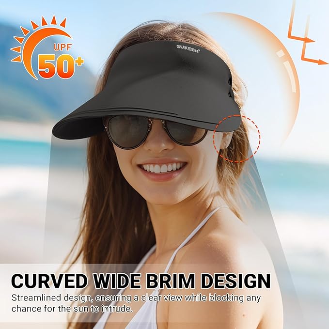 Sukeen Wide Brim Sun Visor Hat for Women Men,UPF50+ Seamless Sun Hats Foldable Ponytail Beach Hats for Daily Outdoor Sport