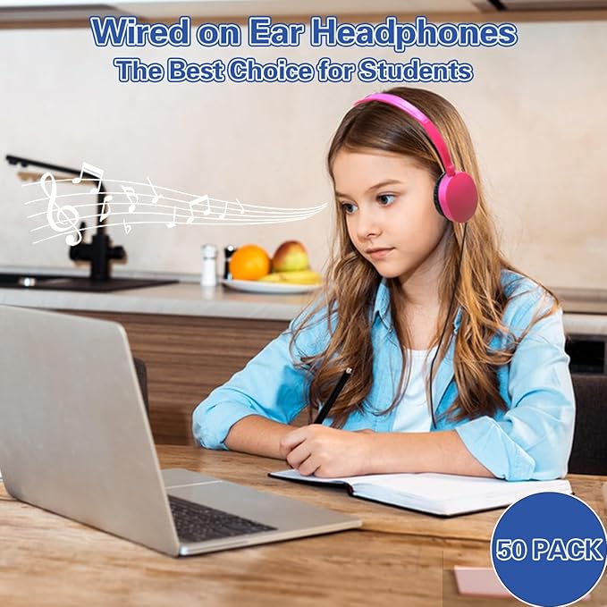 CN-Outlet Bulk Headphones 50 Pack Multi Colored for Kids School Classroom,Durable Wholesale Wired On Ear Headphones for Student Toddler Boys Girls Adults,HD Sound 3.5mm Jack(10 Colors)