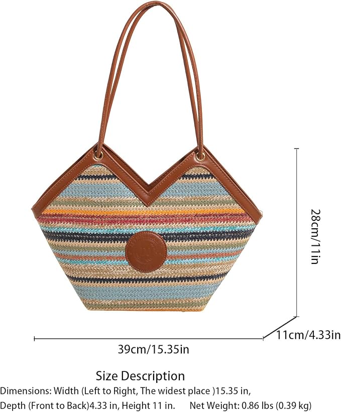 ZOCILOR Women's Straw Shoulder Tote Bag with PU Leather Trim, Large Woven Beach Handbag, Lightweight Casual Summer Purse