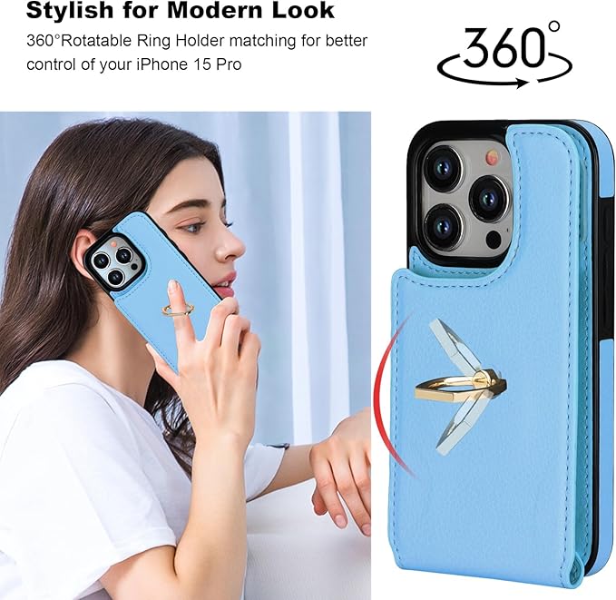 Folosu Compatible with iPhone 15 Pro Case Wallet with Card Holder, 360°Rotation Finger Ring Holder Kickstand, RFID Blocking Leather Protective Double Buttons Shockproof Cover 6.1 Inch Blue