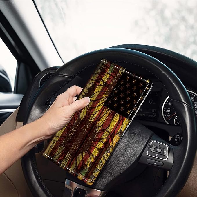 Car Registration and Insurance Holder, Leather Car Glove Box Organizer, Cool Car Accessories for ID, Driver's License Cards & Essential Document, Business Cards, Men&Women,Cute Sunflowers Flag