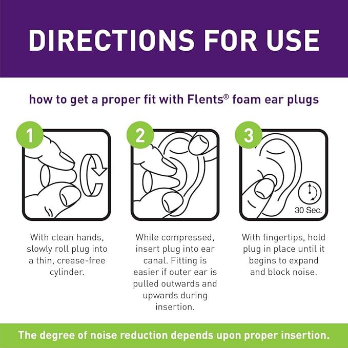 Flents Foam Ear Plugs, 10 Pair with Case for Sleeping, Snoring, Loud Noise, Traveling, Concerts, Construction, & Studying, NRR 33, Purple, Made in The USA,10 Count (Pack of 2)