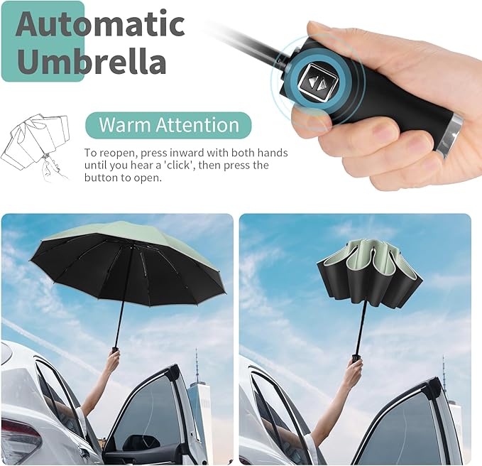 Yoobure Inverted Windproof Travel Umbrella - Automatic Umbrellas for Rain, Compact Folding with Reflective Stripe, Portable Large for Backpack, Lightweight with Sun UV Protection