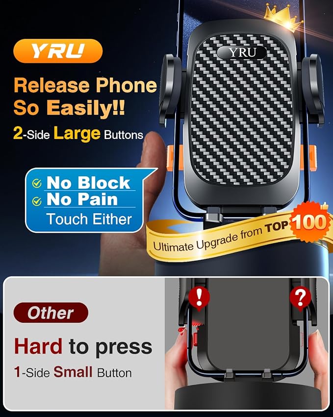 YRU True Military-Grade [360° Rotation Suction] 2026 Ultimate Car Phone Holder Mount 【90+LBS Safest Strongest & Patent Certs】 Dashboard Windshield Vent for iPhone 17 16 Pro Max Samsung, Gloss Black