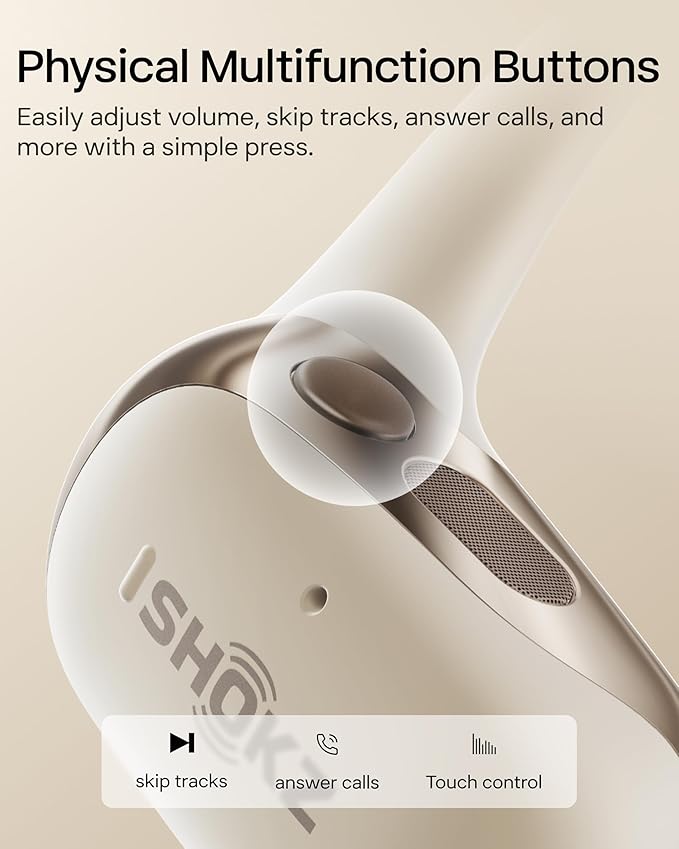 SHOKZ OpenFit 2 Open-Ear Headphones,True Wireless Bluetooth Earphones with Microphone,Earhook Earbuds with 48 Hours of Playtime,Fast Charging,IP55 Water-Resistant,with Carrying Bag,Beige,Bluetooth5.4