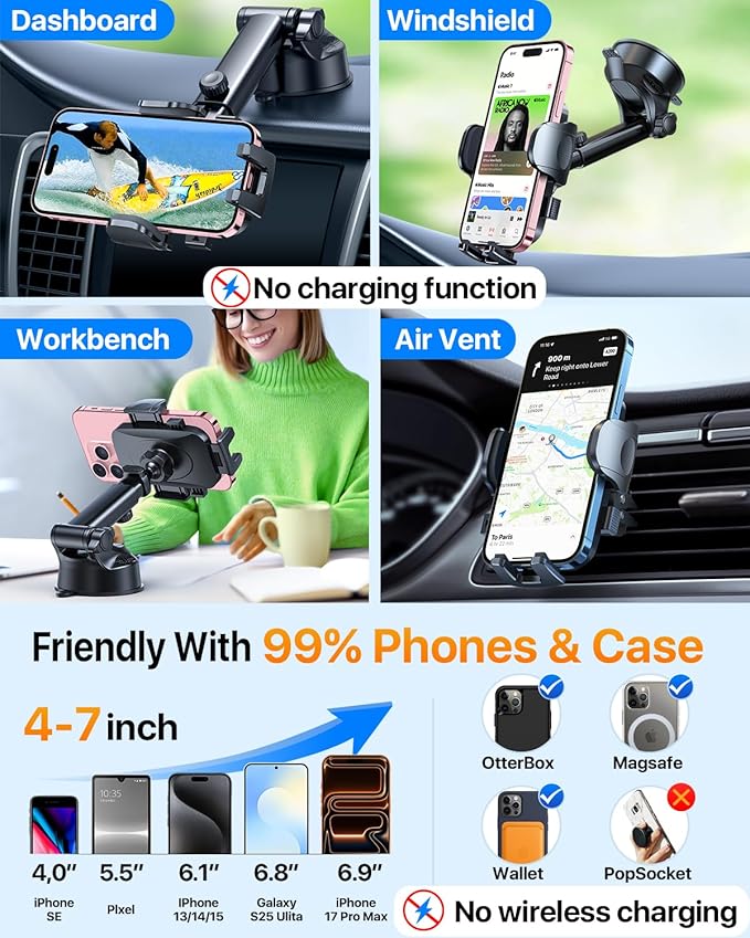 2025 Ultimate Car Phone Holder【80+LBS Strongest Suction & Military-Grade】 Universal Cell Phone Holder Truck Car Mount for Dashboard Windshield Air Vent for iPhone 17 16 Pro Max 15 Samsung 2pcs,Black