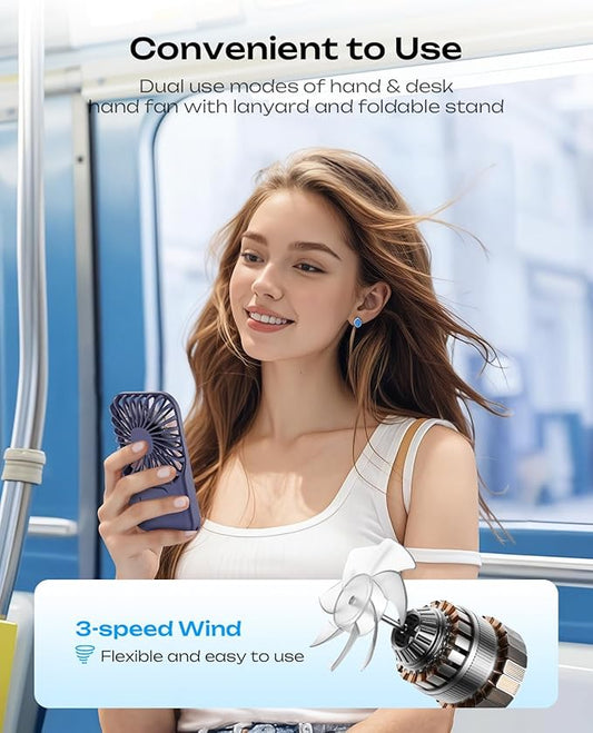 Otlonpe Rechargeable Mini Portable Handheld Fan, Small Personal Battery Powered Handheld Portable Fans for Hand Held Desktop Travel, Foldable Stand, Slim Cordless, Wrist Strap, 3-Speed (Blue)