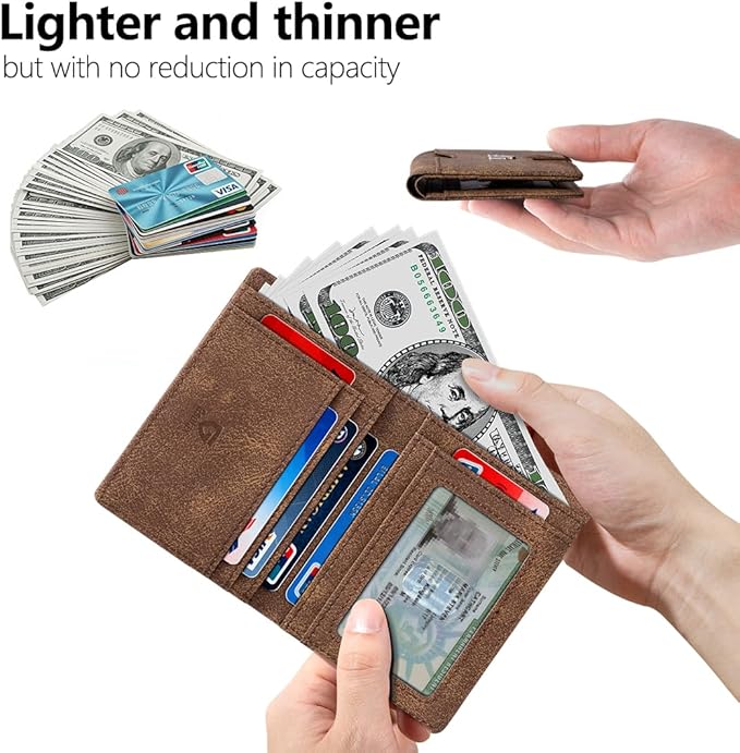 GSOIAX Wallet for Men Slim RFID Blocking Front Pocket Bifold Wallet Leather Money Clip 10-12 Cards Mens Wallet with ID Window Thin Minimalist Credit Card Holder Birthday Gifts for Men Patterned-Brown