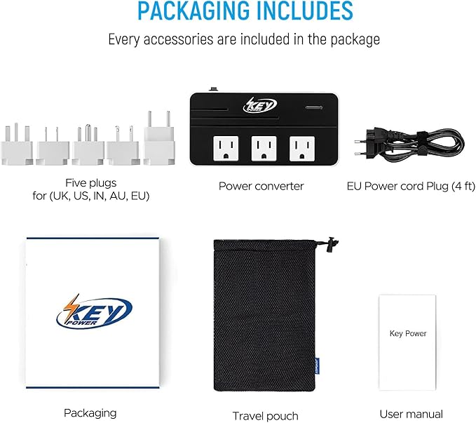 Key Power 230-Watt Step Down 220V to 110V Voltage Converter & International Travel Adapter/Power Converter with USB-C Port 18W - [Use for USA Appliance Overseas in Europe, AU, UK, Ireland, etc.]