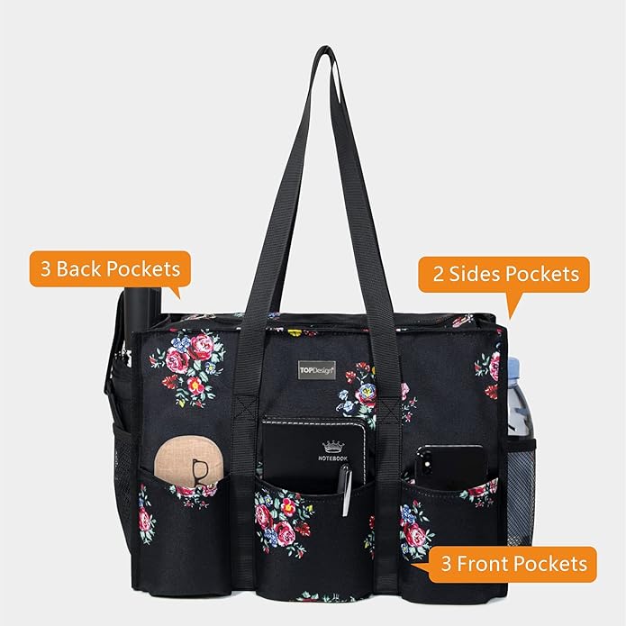 TOPDesign Utility Water Resistant Tote Bag with 13 Pockets, Top Zipper Closure & Thick Bottom Support, for Working Women