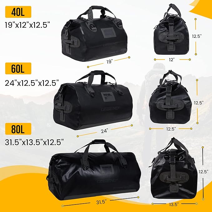 LEGEND Waterproof Duffel Bag - Heavy Duty Duffle Bag for Outdoor, Camping, Boating & Travel, Premium PVC Dry Duffel Bag, Motorcycle Dry Bag with Durable Strap & Handles with Large Storage - 60L Black