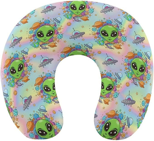 Funny Memory Foam Neck Pillow Travel U Shaped Cushion with Zip Cover, Chin Support for Airplane Car Office Home Nap, Cute Alien Space Planet