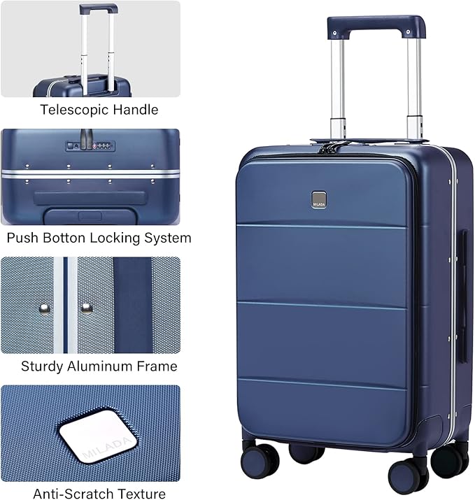 MILADA Carry On Luggage 22x14x9 Airline Approved Spinner Wheels TSA Luggage 20 Inch Hard Shell Suitcases Front Opening Pocket Rolling Aluminum Frame Travel Luggage,Dark Blue