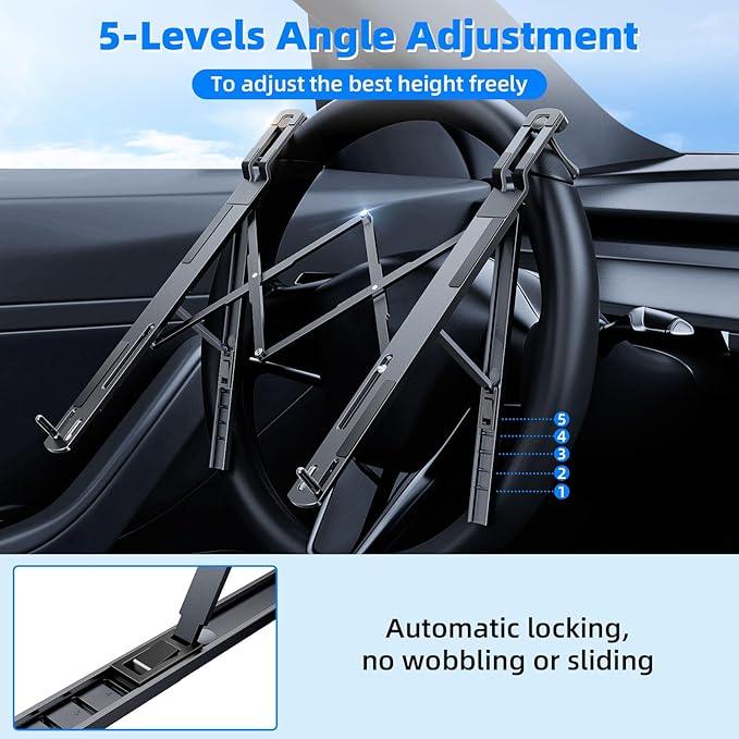 Fumcsy Angle Adjustable Car Steering Wheel Laptop Holder,Foldable Laptop Stand for car,Metal Car Laptop Riser | Car Reading Stand | Car Tablet Holder, Multipurpose Travel Car Accessories (Gray)