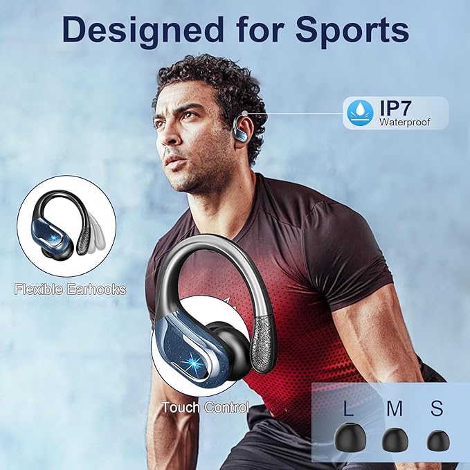 Wireless Earbuds, Sport Bluetooth 5.4 Headphones 2026 New Bluetooth Earbuds with 75Hrs Stereo, 4 ENC Mic, Noise Canceling Over-Ear Buds with Earhooks, IP7 Waterproof Earphones for Workout/Running/Gym