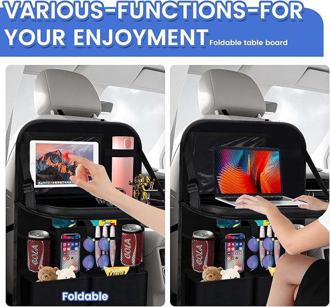 The car rear seat storage unit comes with a flat rack, 13 storage compartments, a foldable tray table, a rear seat kick pad, and can hold snacks and toys. It's black (2pieces【Dining table style】)