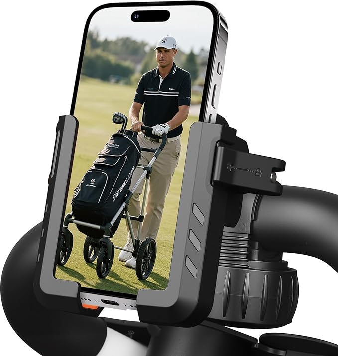 Golf Push Cart Phone Holder with Security Double Lock, Hands-Free 360° Rotatable Phone Mount Compatible with Clicgear, Sun Mountain, Caddy, Bag Boy,Golf Push Cart Accessories for Cell Phones