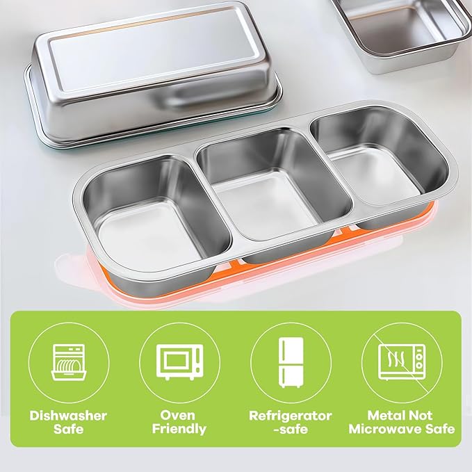 BSTUR 3 Pack Bento Box, Stainless Steel Snack Containers With Lids, Leak Proof Metal Lunch Box with 3 Compartments, Stackable Food Storage Container for Work, Travel, Dishwasher Safe