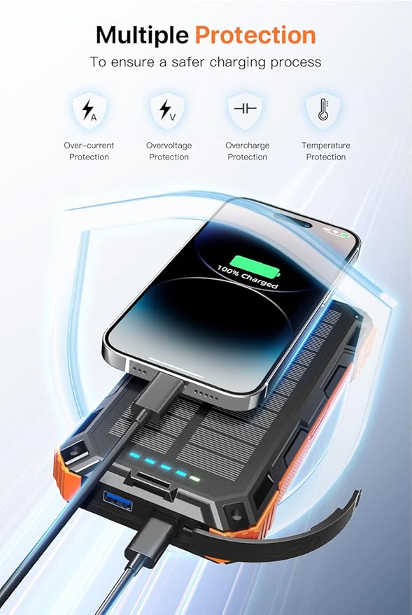 Solar Power Bank 49800mAh Wireless Portable Charger with USB-C 15W Fast Charging with 4 Built-in Cables LED Flashlight Battery Pack Compatible with iPhone, iPad, Galaxy, Perfect for Camping, Hiking