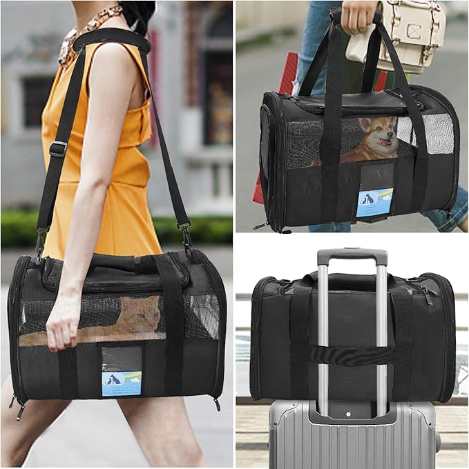 Refrze Pet Carrier Airline Approved, Cat Carriers for Medium Cats Small Cats, Soft Dog Carriers for Small Dogs, TSA Approved Pet Carrier for Cat Dog of 15 Lbs, Puppy Carrier,Black