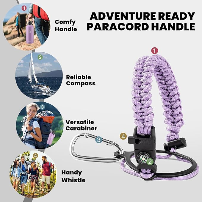 Insulated Water Bottle 87 oz, Triple Wall Vacuum Stainless Steel (Cold for 48 Hrs), Leak Proof & Non-BPA, Modern Water Flask Jug with Paracord Handle & Straw Spout Lids, Lilac