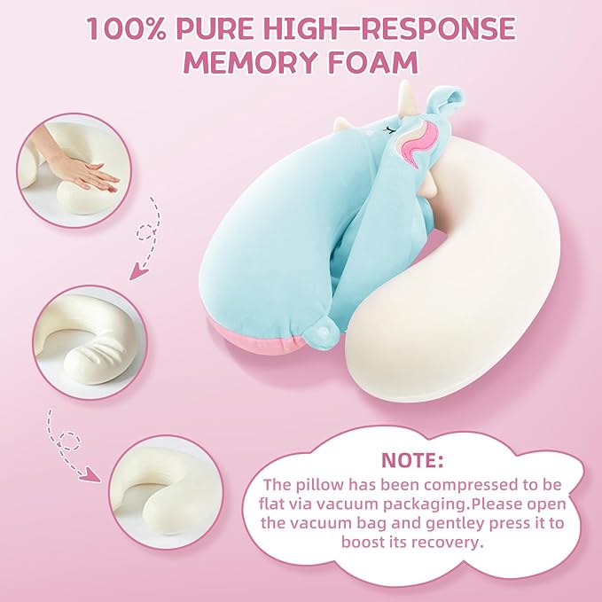 Toddler Neck Pillow, Kids Travel Neck Pillow for Traveling with Eye Mask, Toddler Cute Unicorn Airplane Travel Essentials, Memory Foam Car Flight Sleeping Headrest for Baby Boy Girl Child Gift (Blue)