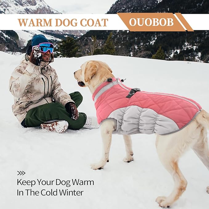 OUOBOB Dog Jackets for Medium Dogs,Medium Dog Coat,Warm Pet Winter Coat Zip Up Back,Waterproof Dogs Jacket with D-Ring,Pet Cold Weather Coats with Fleece Lined, Snowsuit Pug Boston Terrier,Pink,M