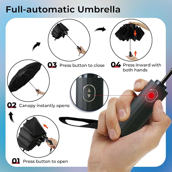 LLanxiry Compact Travel Umbrella, 44" Canopy, Automatic Open/Close Windproof Umbrella, 210T Pongee, 8-Rib Fiberglass, Travel Size Mini, Portable Rain/Sun Umbrellas UPF 50+ with Cover