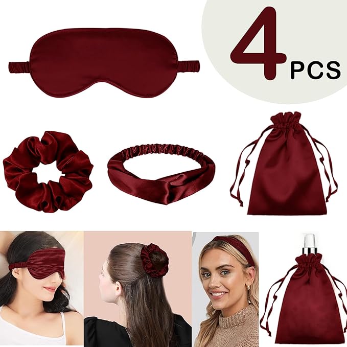 4Pcs Silk Sleep Masks Satin Eye Mask Silky Eyes Cover Blindfold Eyeshade Headband Scrunchies Pouch Bags Bridesmaid Gifts